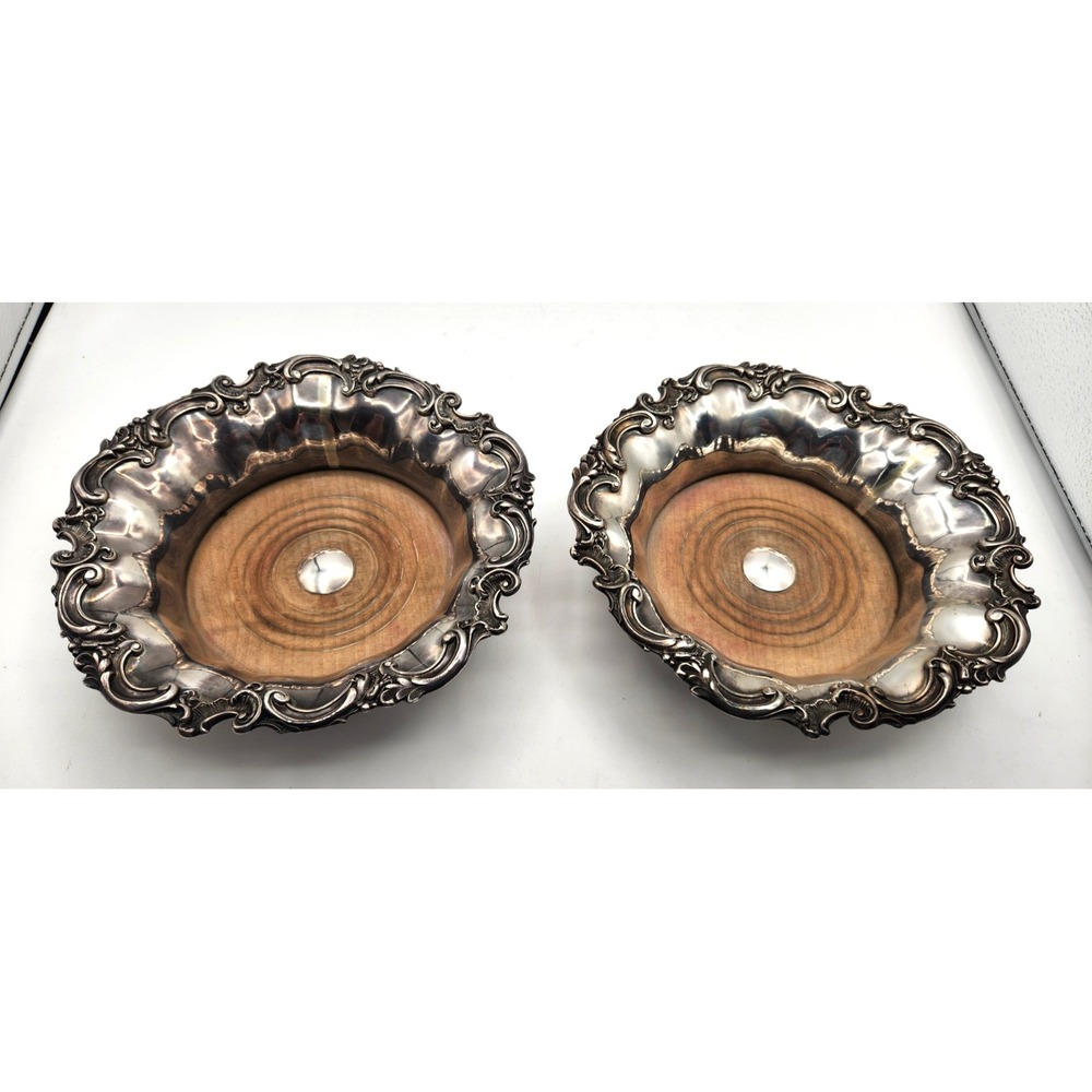 Pair Vintage Silver Plated Wine Coasters Bottle Holders Wooden Inserts Pretty!